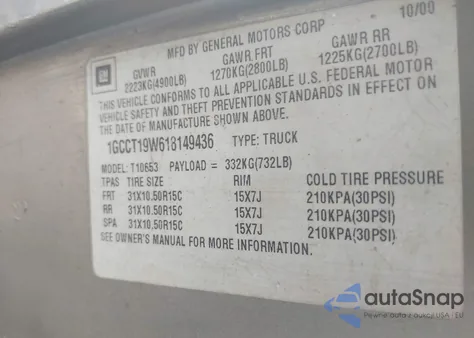 2001 Chevrolet S-10 Ls W/Zr2 from USA, damaged, VIN 1GCCT19W618149436